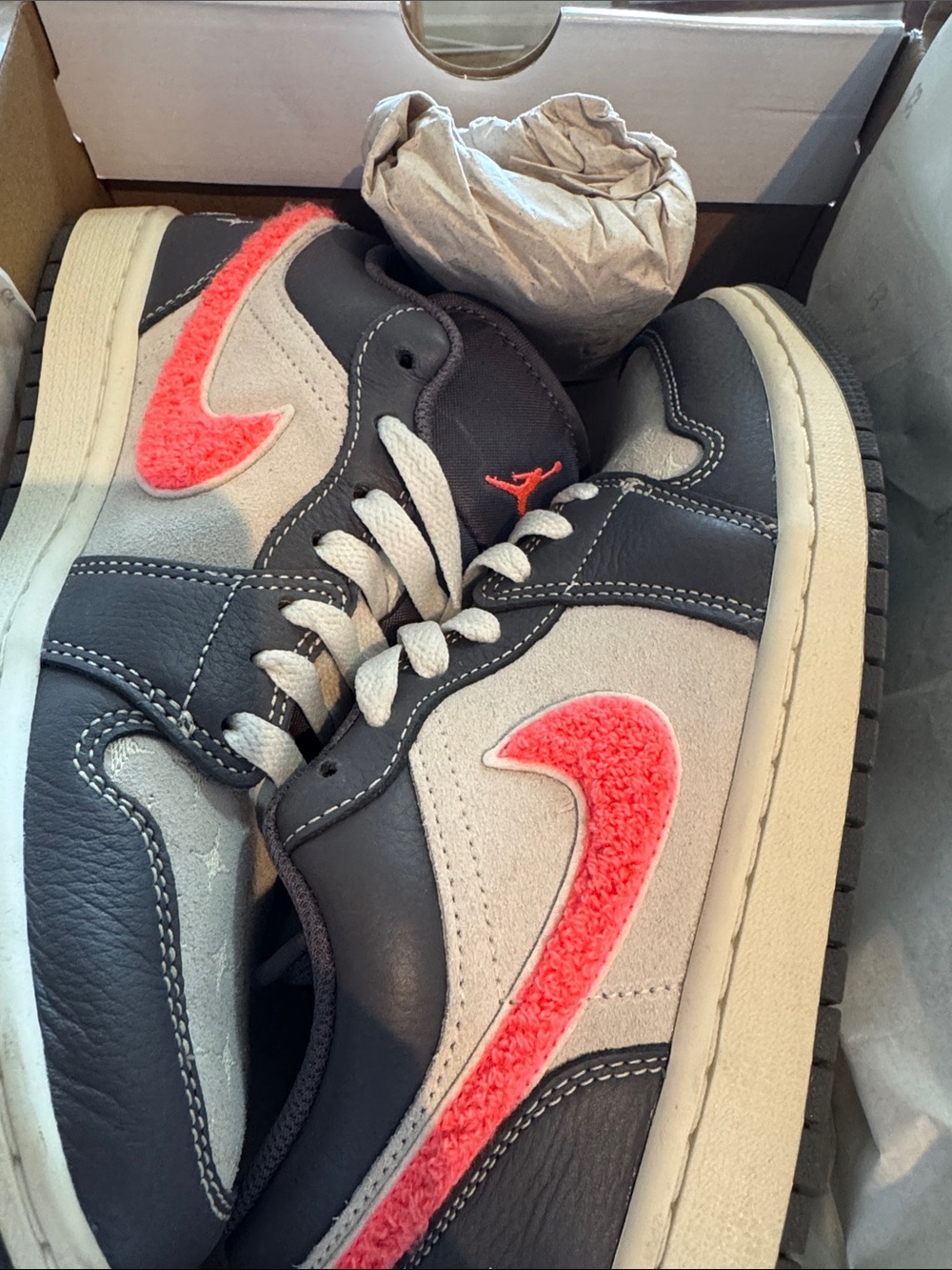 Nike Low Gray with Hot Coral Pink Sherpa Swoosh